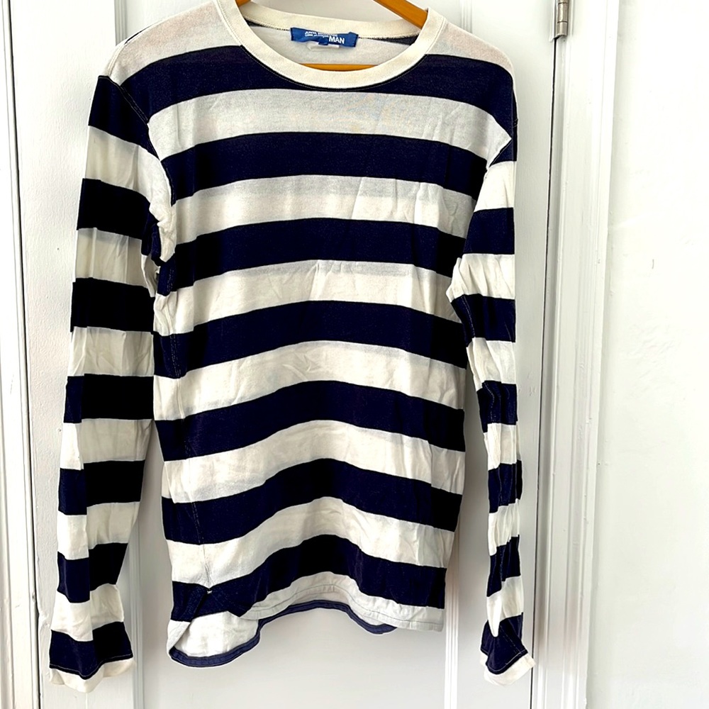 Junya Watanabe M 100% cotton blue/white striped woven long sleeve t-shirt